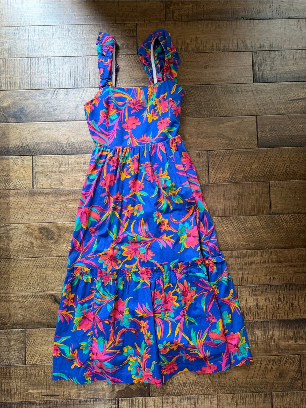 J. Crew Blue Floral Sundress with Pink, Orange and Green Print